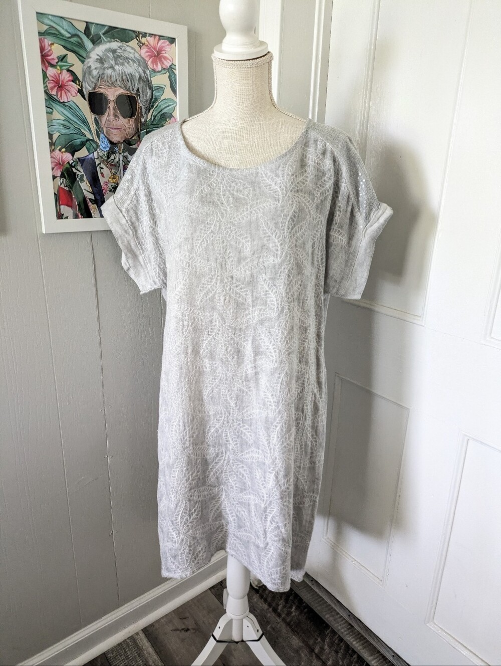 Lungo‎ L'Arno Linen Dress Womens Large Gray Floral Faded Sequined Shift